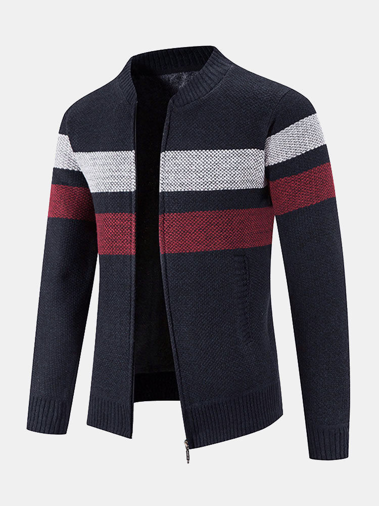 Edward | Striped Baseball Collar Teddy Lined Zip Up Jumper