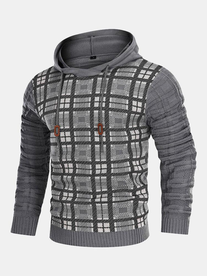 Alfie | Slim Fit Knitted Plaid  panelled Hooded Jumper