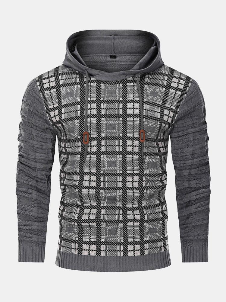 Alfie | Slim Fit Knitted Plaid  panelled Hooded Jumper