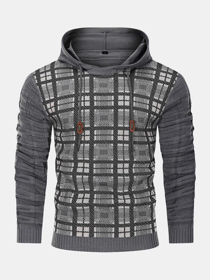 Alfie | Slim Fit Knitted Plaid  panelled Hooded Jumper