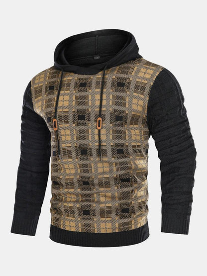 Alfie | Slim Fit Knitted Plaid  panelled Hooded Jumper