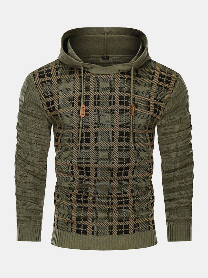 Alfie | Slim Fit Knitted Plaid  panelled Hooded Jumper